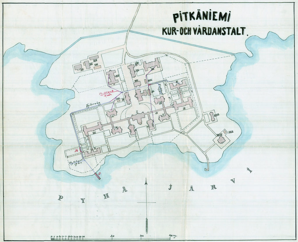 Pitkäniemen sairaalan kartta 1900-luvun alusta.